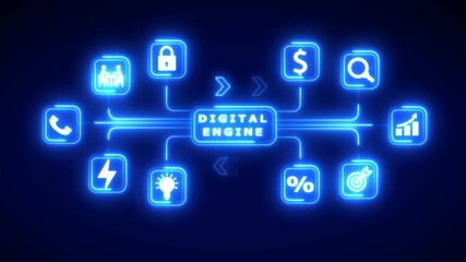 Digital Engine Concept with Glowing Neon Icons and Connections on Dark Blue Background Keywords: digital engine, technology, innovation, digital transformation, network, connection, icons, symbols