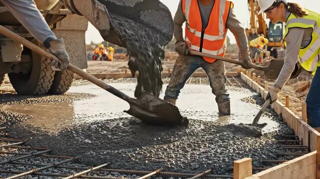 Construction workers pouring concrete foundation with rebar and heavy machinery