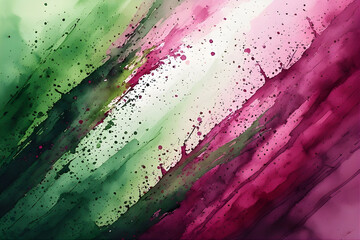 Colorful pink and green watercolor paint splashes and ink splatters create an artistic liquid texture with grunge brush strokes and nature inspired design elements on a paper illustration.