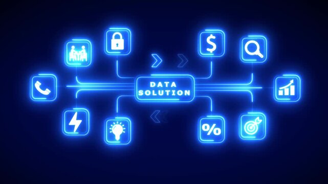 Glowing Neon Icons Connected to Central Text Data Solution on Dark Blue Background technology network