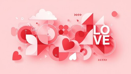 Abstract LOVE Typography Collage with Hearts and Pink Shapes
