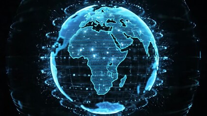 A mesmerizing digital representation of the Earth glowing in vibrant blue showcasing a complex network of interconnected lines and dots symbolizing global communication data transfer and advanced tec. - Powered by Adobe