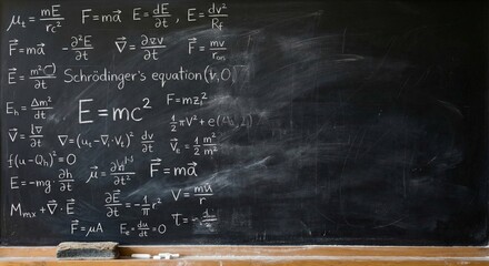 Physics formulas and equations written on chalkboard