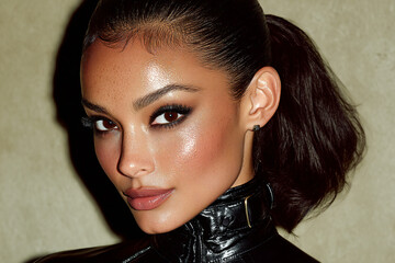 Glamorous portrait highlighting a glossy ponytail and striking makeup Generative AI