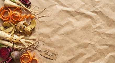 Vegetable peels and scraps on crumpled paper as zero waste concept