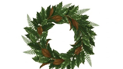 ILLUSTRATION OF A WREATH WITH DEEP GREEN TEXTURED FOLIAGE, LUSH DETAIL, GLOSSY HIGHLIGHTS, ELEGANT STYLE ON WHITE BACKGROUND