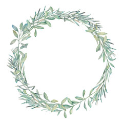 Christmas wreath. Watercolor frame with  eucalyptus  branches on white background. Hand drawn illustration