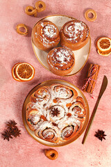 Apple pies, buns, cupcakes with apples, cinnamon, poppy seeds, cranberries, and egg liqueur.homemade delicious dessert,Festive kitchen banner. The concept of festive pastries, 