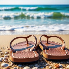 Seaside relaxation captured: Flip-flops on sandy shore with turquoise ocean backdrop