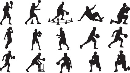 Basketball player drill and action silhouettes