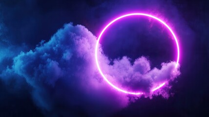 Fototapeta premium Glowing neon circle floating in cosmic clouds, abstract vibrant energy portal, background futuristic technology digital