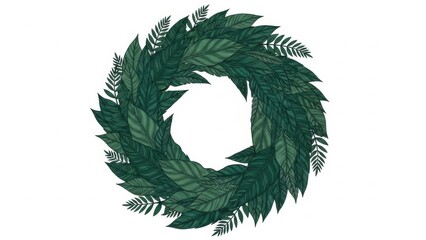 ILLUSTRATION OF DEEP GREEN STRUCTURED LEAF PATTERN WREATH ON WHITE