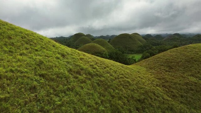 Aerial view of Chocolate hills - geological formation on Bohol island, Philippines, 4k