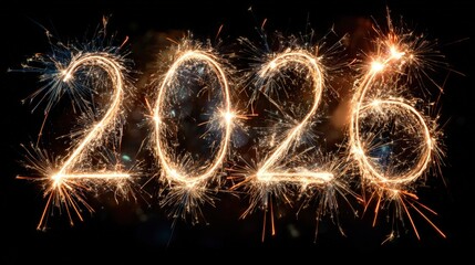 Sparkling New Year: Glittering digits form the year 2026, a beacon of hope, celebration, and new beginnings. The vibrant sparkler lights illuminate the night.