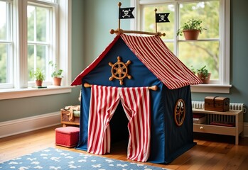Pirate-themed kids' play tent with striped red and white fabric, wheel detail, and flags, set in a cozy room with wooden flooring. Concept of playhouse for kids