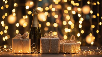 Golden Gifts and Celebration: A still life captures the essence of celebration with elegantly wrapped presents, a bottle, and the soft glow of festive lights.