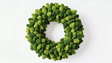 STYLIZED WREATH WITH DEEP GREEN MOSS TEXTURE, SOFT PLUSH LOOK ON WHITE BACKGROUND
