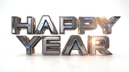 New Year's Greetings: A contemporary, metallic-effect rendering spells out the cheerful phrase Happy Year. With a radiant light, creating a bright atmosphere. 
