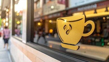 Coffee shop window decal with cup illustration.