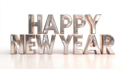 Happy New Year: Metallic 3D text spells out a jubilant Happy New Year, shimmering with festive anticipation, perfectly capturing the spirit of a fresh beginning and joyous celebration.