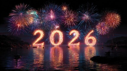 New Year's Eve 2026 Celebration: Sparkling fireworks light up the night sky above a tranquil body of water, with the glowing numerals of 2026 reflecting in the water.