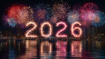 New Year 2026 Celebration: Captivating display of fireworks illuminate the night sky, crafting the year 2026 above a tranquil waterfront, symbolizing new beginnings and joyous celebration.