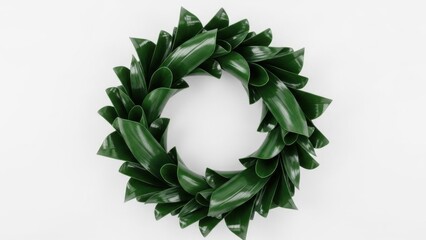  STYLIZED WREATH WITH DEEP GREEN PLASTIC-GLOSS LEAVES, UNIQUE MODERN LOOK ON WHITE
