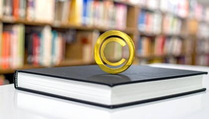 Copyright symbol on book in library setting.