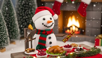 snowman with christmas tree, Snowman&rsquo;s Festive Fireside Feast
