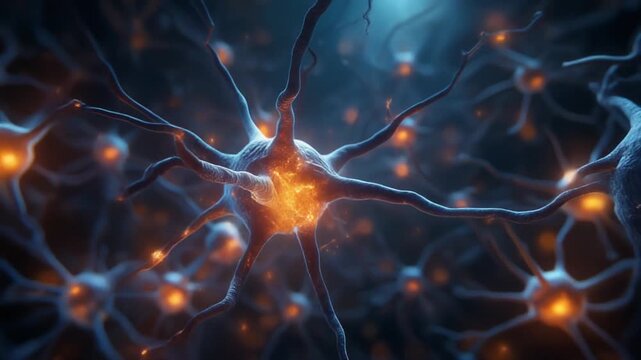 Close-up microscopic view of neurons firing electrical impulses