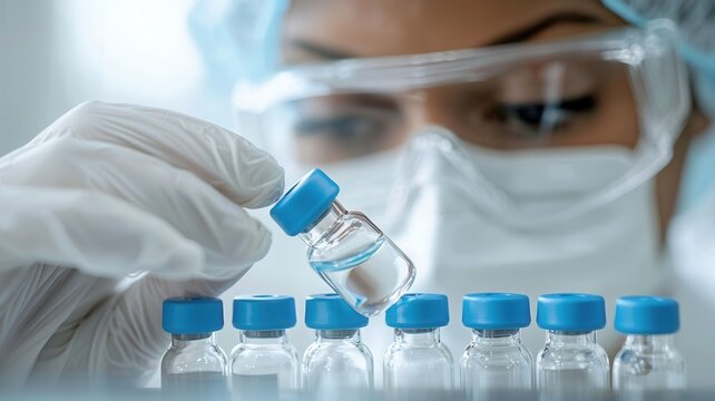 Scientist wearing protective gear examining medicine vials a laboratory, treatments and new developing research
