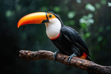 Fototapeta premium Colorful toucan perched on tree branch with vibrant orange beak and striking black and white feathers in natural green forest background