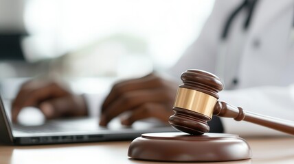 Doctor hands typing on laptop, medical professional working on healthcare law and matters with gavel justice