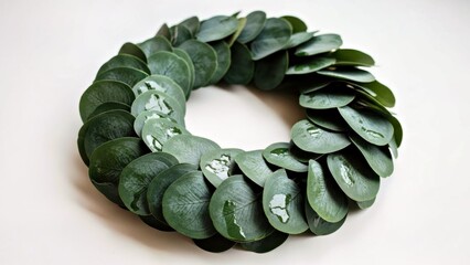  WREATH OF DEEP GREEN EUCALYPTUS LEAVES, MATTE-GLOSS TEXTURE ON WHITE