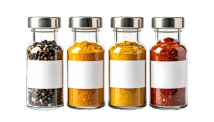 Four small glass jars filled with various colorful spices and sealed