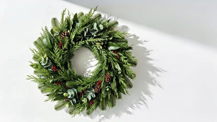  WREATH OF DEEP GREEN WINTER FOLIAGE, SOFT SHADOWING, CLEAN WHITE BACKGROUND 