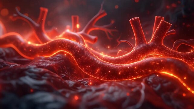 Macro cinematic shot of blood flow through the coronary arteries, glowing particles moving