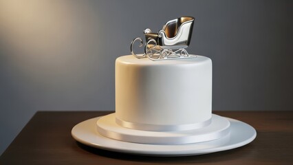 Minimalist white Christmas cake with flawless fondant, satin ribbon base and elegant metallic silver sleigh topper, refined modern festive dessert centerpiece for sophisticated winter celebrations.