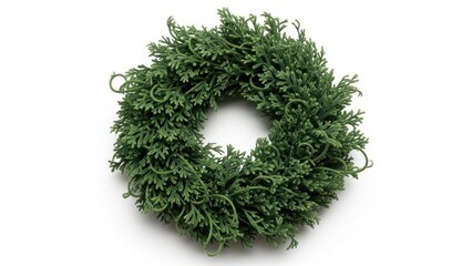 WREATH WITH DEEP GREEN FLUFFY FOLIAGE, UNIQUE TEXTURE, CLEAN WHITE BACKGROUND
