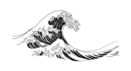 Dynamic monochromatic wave illustration evoking traditional japanese art aesthetics