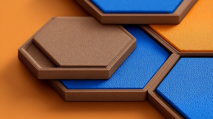Fototapeta premium Close-up of layered hexagonal shapes in warm tones, with textured surfaces, placed artistically