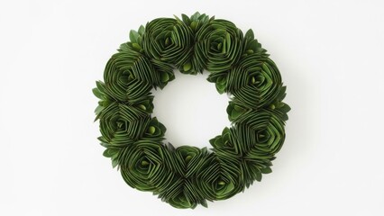 WREATH WITH DEEP GREEN LEAF CLUSTERS SHAPED IN SOFT GEOMETRIC PATTERNS ON WHITE