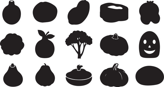 Black silhouette icons of produce and objects