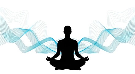 Silhouette in meditative pose accompanied by dynamic waves, symbolizing inner peace and harmonic