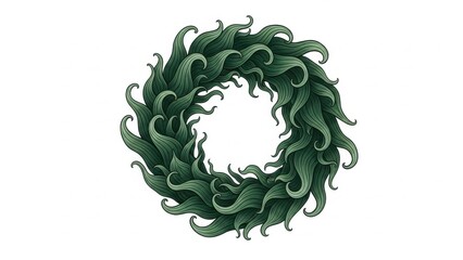 WREATH WITH DEEP GREEN WAVE-TEXTURED FOLIAGE, ARTISTIC RENDERING ON WHITE