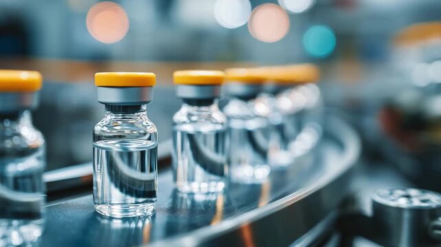 Vaccines are assembled in vials and move along a conveyor belt in a modern pharmaceutical plant, showcasing precision and efficiency