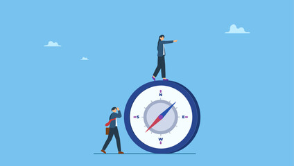 Confidence businesswoman team leader standing on compass leading the way. Women leadership, successful female lead business direction or lady visionary to achieve goals. © Saklarboy