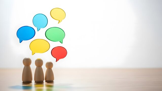 Wooden peg figures with colorful speech bubbles representing team communication or social media discussion for collaboration and community. - Powered by Adobe