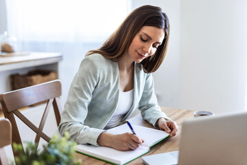 Remote work from home, thinking and woman with planning, writing and copywriting. Person, freelancer and journalist with pc, brainstorming and creativity with ideas, solution and decision for project