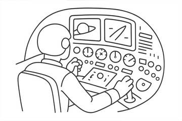 Naklejka premium Astronaut at control panel with screens and gauges